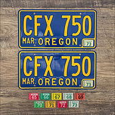 A pair of Oregon 1965-1973 license plates with optional year stickers